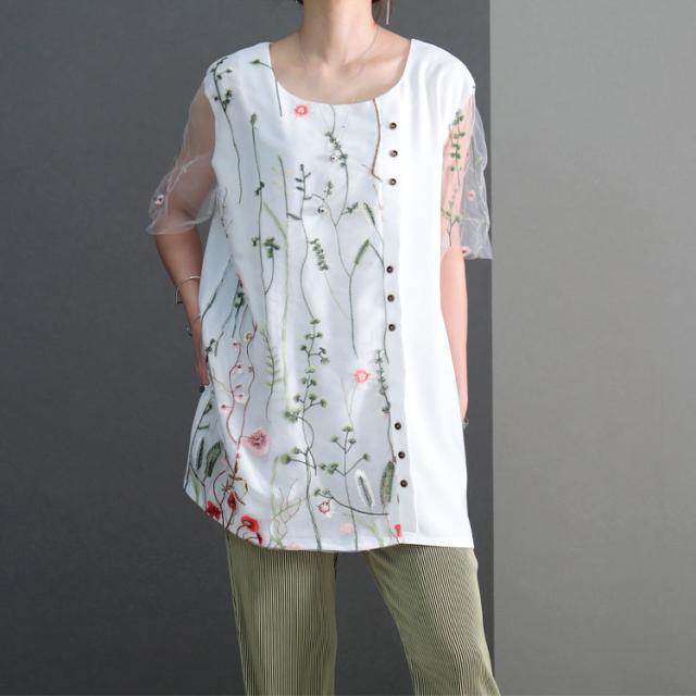 花刺繍チュールレースブラウス