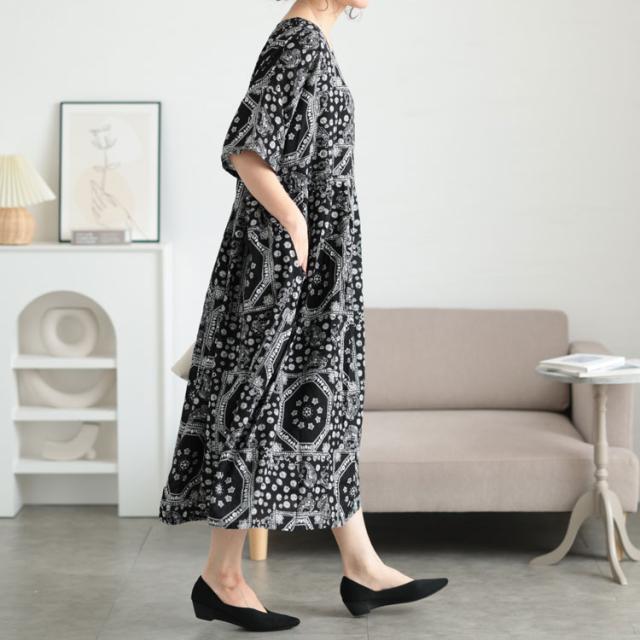 エスニック柄コットンワンピース