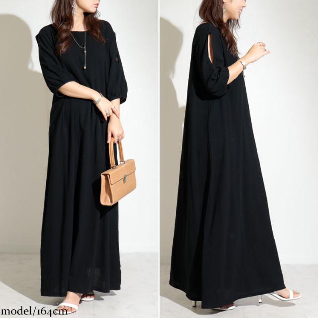 袖スリットコットンマキシ丈ワンピース