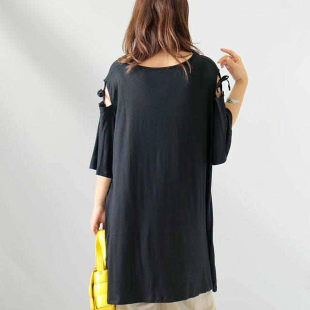 オープンショルダーリボンチュニックTシャツ