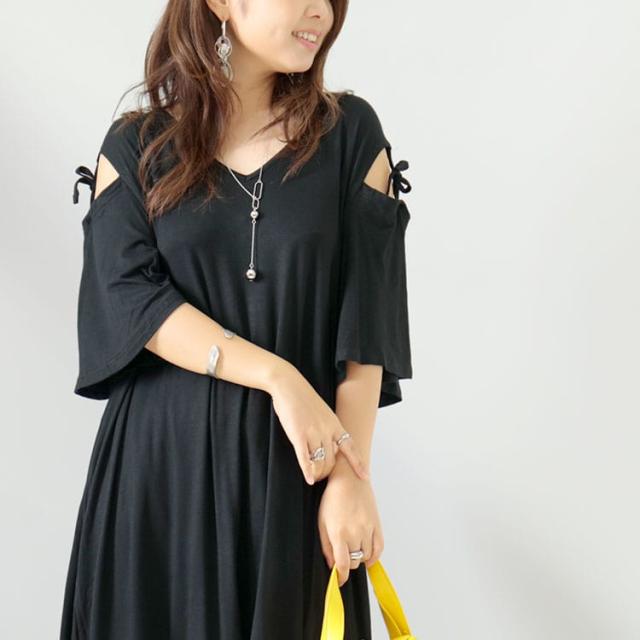 オープンショルダーリボンチュニックTシャツ