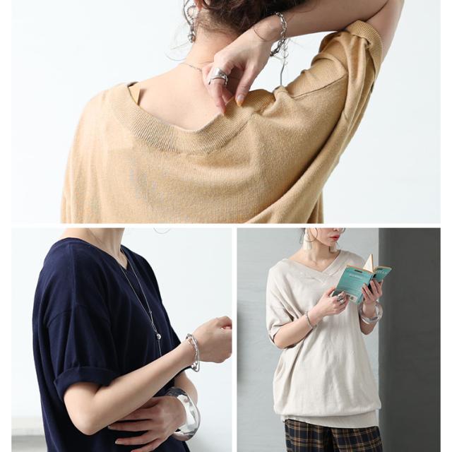 Vネックドルマン半袖綿ニット