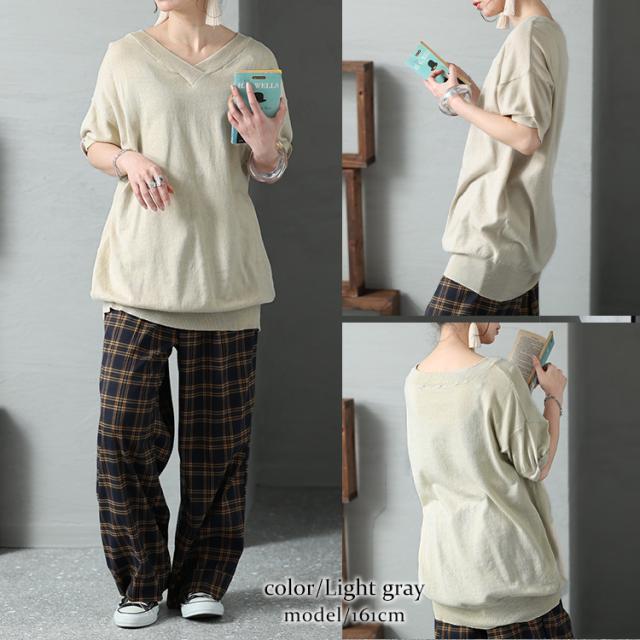 Vネックドルマン半袖綿ニット