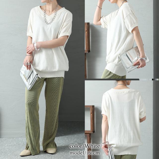 Vネックドルマン半袖綿ニット