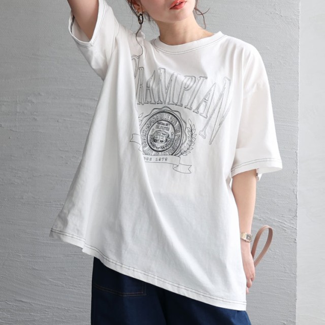 線刺繍半袖Tシャツ