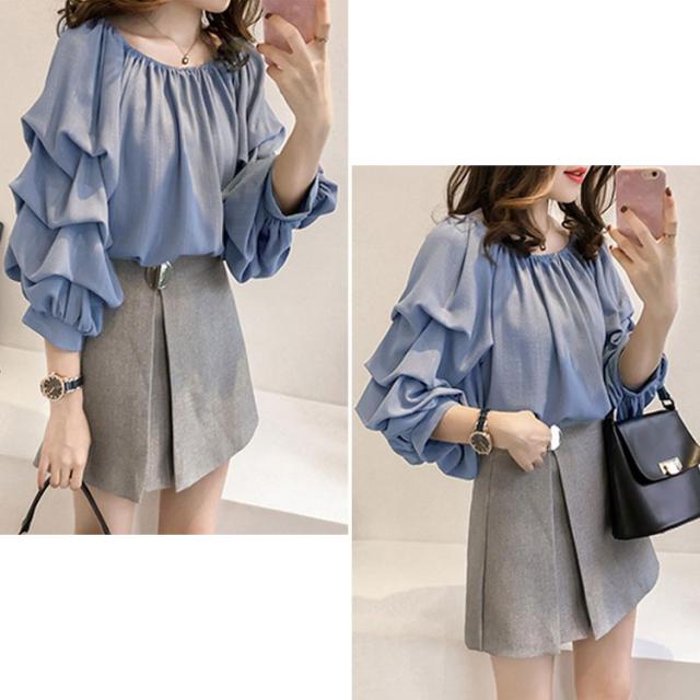 楊柳レイヤード袖スクエアネックプルオーバー