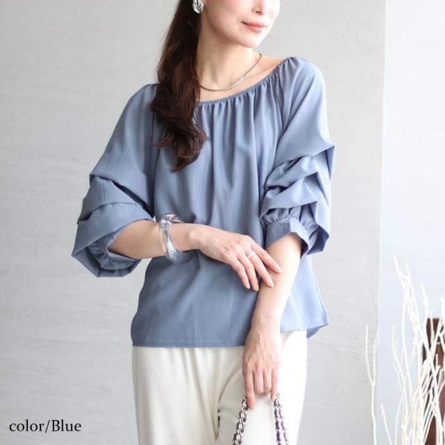 楊柳レイヤード袖スクエアネックプルオーバー