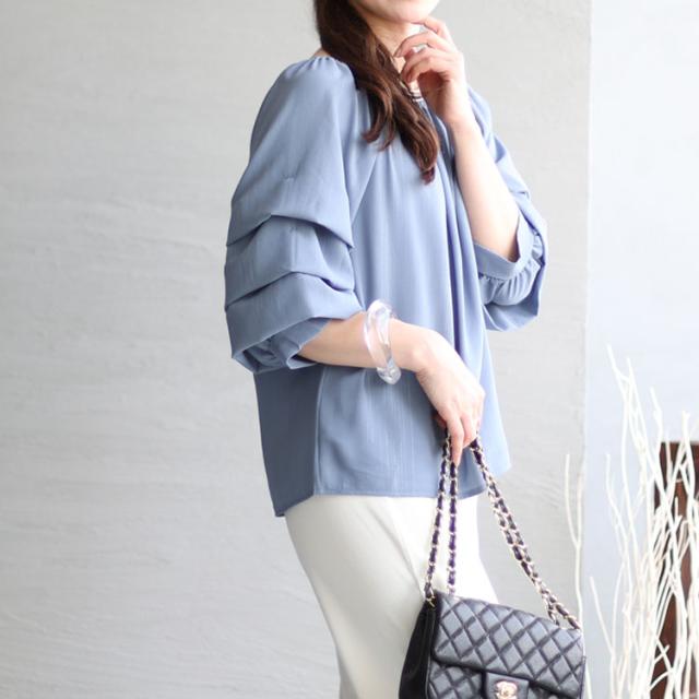 楊柳レイヤード袖スクエアネックプルオーバー