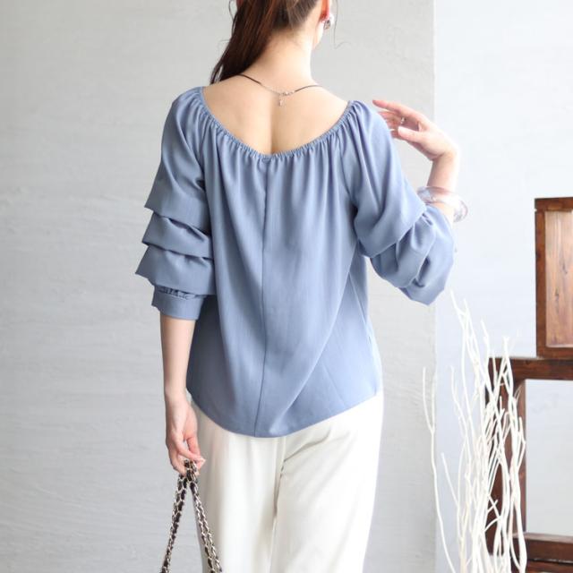 楊柳レイヤード袖スクエアネックプルオーバー