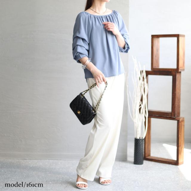 楊柳レイヤード袖スクエアネックプルオーバー