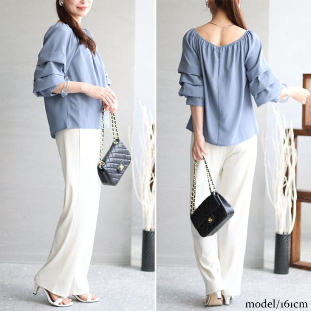 楊柳レイヤード袖スクエアネックプルオーバー