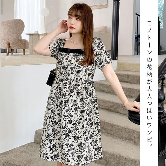 胸元リボン花柄ワンピース