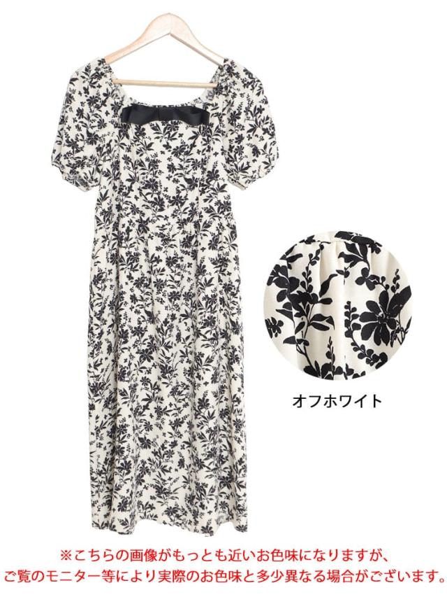 胸元リボン花柄ワンピース