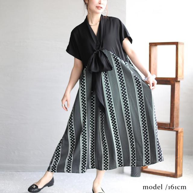 フロントリボン柄切替えワンピース