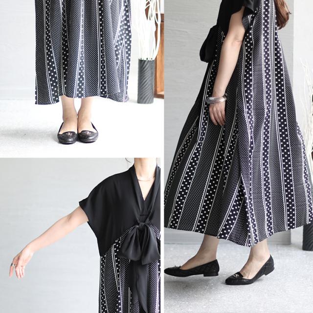 フロントリボン柄切替えワンピース