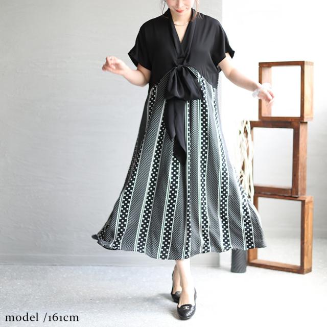 フロントリボン柄切替えワンピース