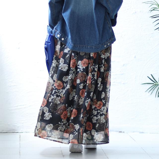 オーガンジー花柄プリントスカート