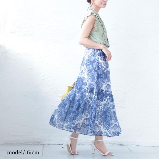 ダマスク柄ティアードロングスカート