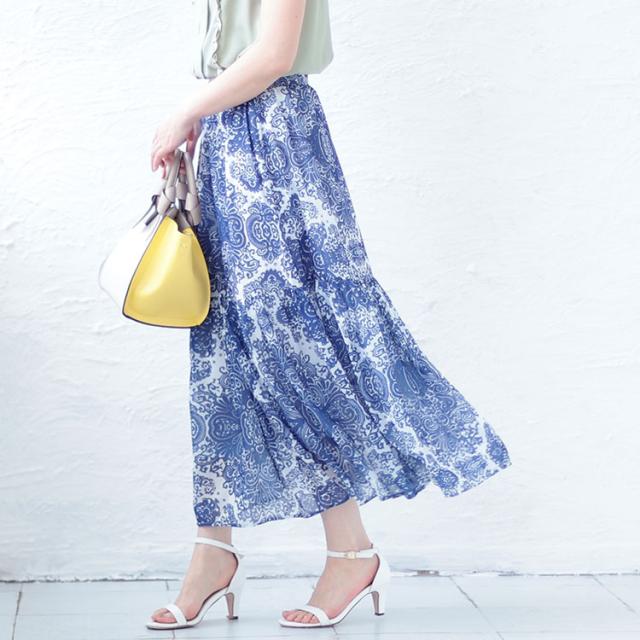 ダマスク柄ティアードロングスカート