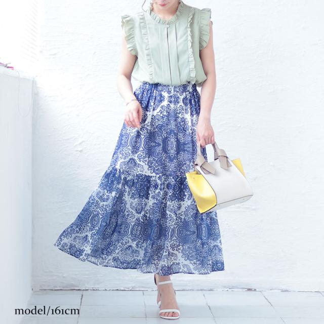 ダマスク柄ティアードロングスカート