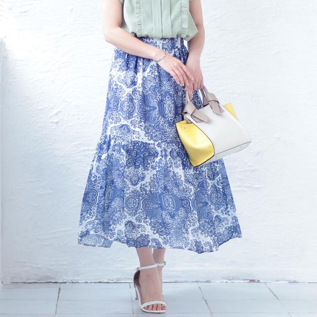 ダマスク柄ティアードロングスカート