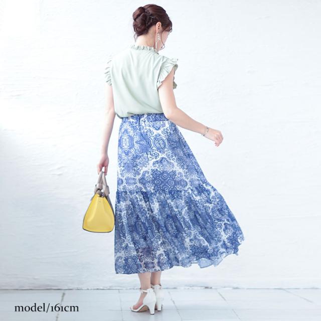 ダマスク柄ティアードロングスカート