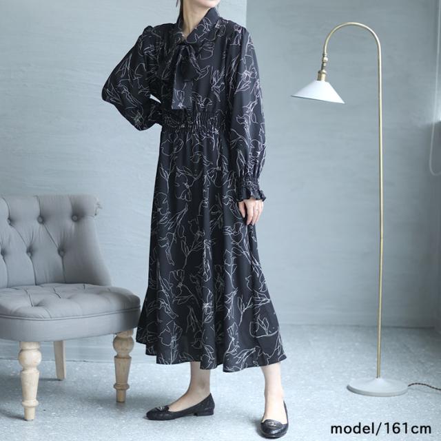 花柄ボウタイシャツワンピース