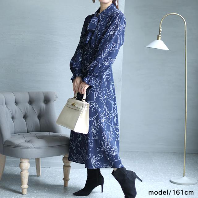 花柄ボウタイシャツワンピース