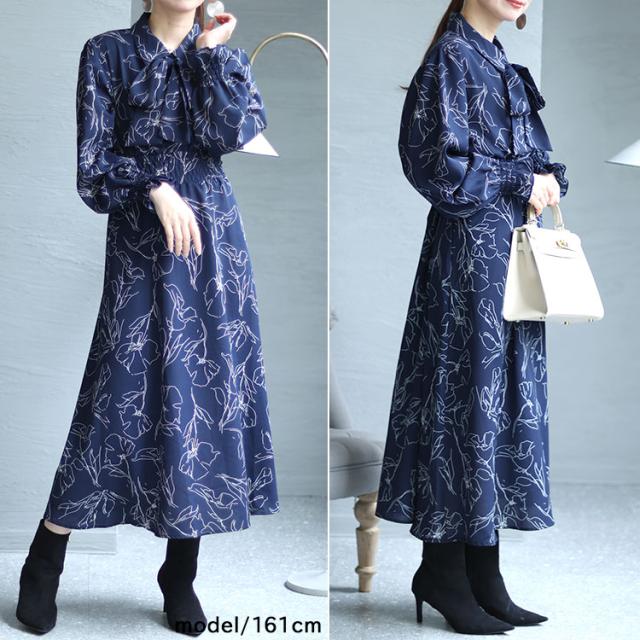 花柄ボウタイシャツワンピース