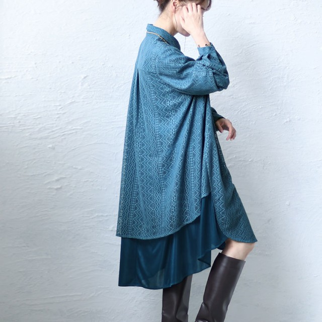 フェイクレイヤードレースシャツワンピース