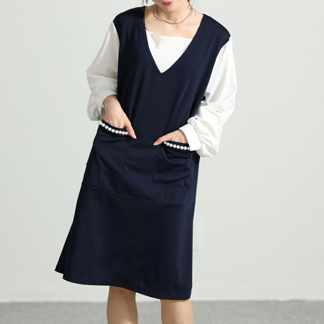 フェイクレイヤードパールボタン付きワンピース