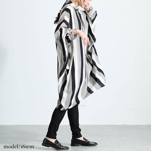 ストライプ柄ドルマンシャツチュニック