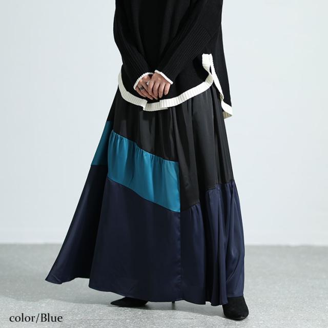 サテン切り替え配色スカート
