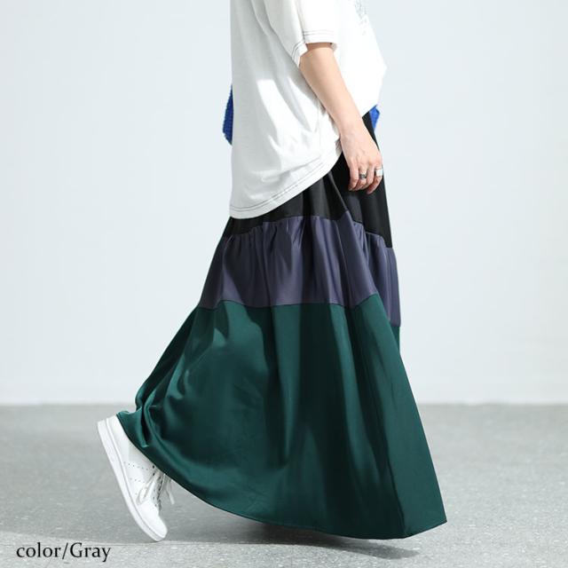 サテン切り替え配色スカート