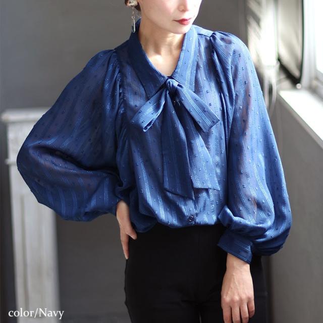 ボウタイ付きボリュームスリーブストライプブラウス