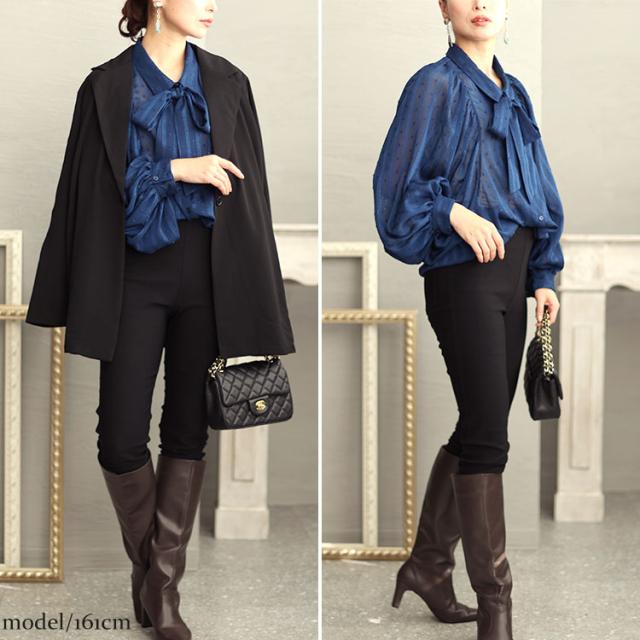 ボウタイ付きボリュームスリーブストライプブラウス