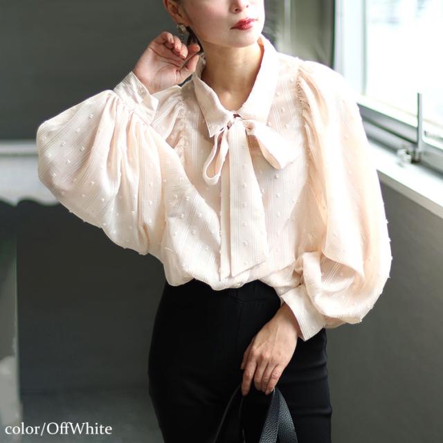 ボウタイ付きボリュームスリーブストライプブラウス