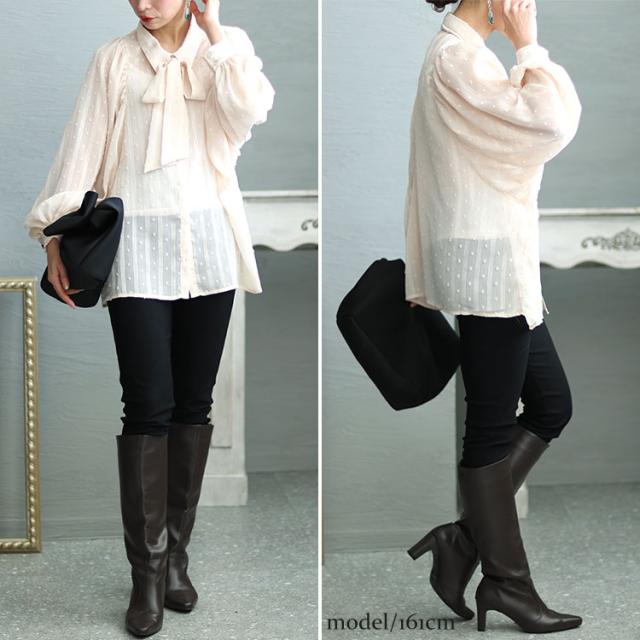 ボウタイ付きボリュームスリーブストライプブラウス