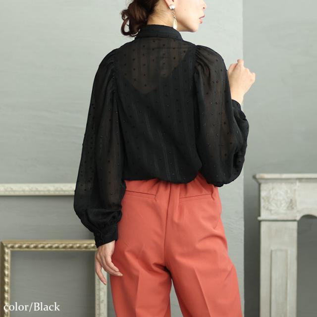 ボウタイ付きボリュームスリーブストライプブラウス