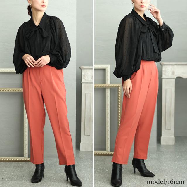 ボウタイ付きボリュームスリーブストライプブラウス