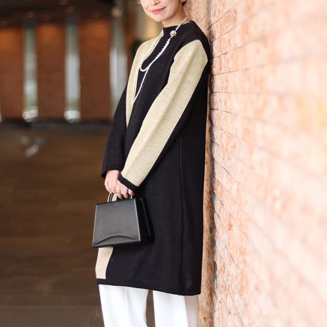 日本製バイカラーオフネックニットチュニック