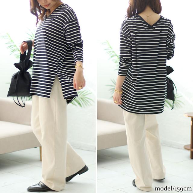 Vネックボーダー柄ロングTシャツ