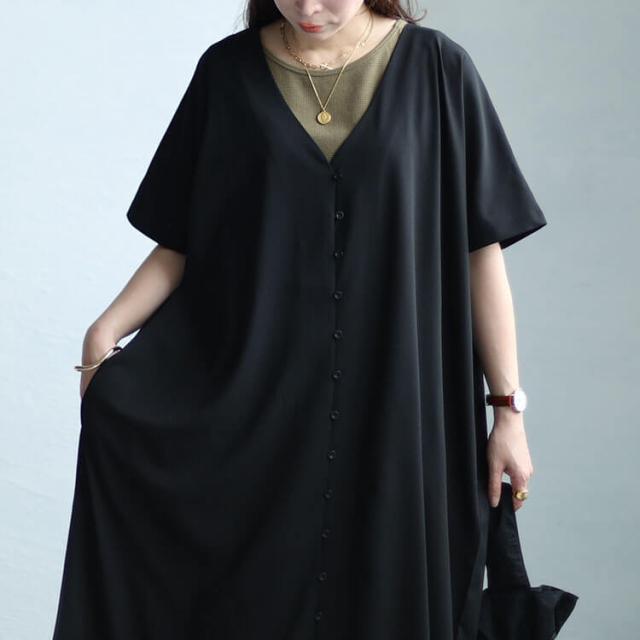 Vネックワイドロングワンピース