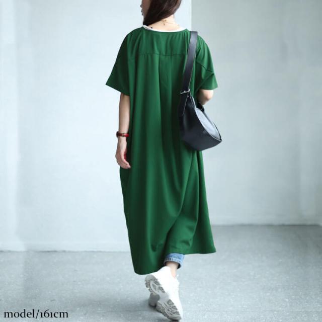 Vネックワイドロングワンピース
