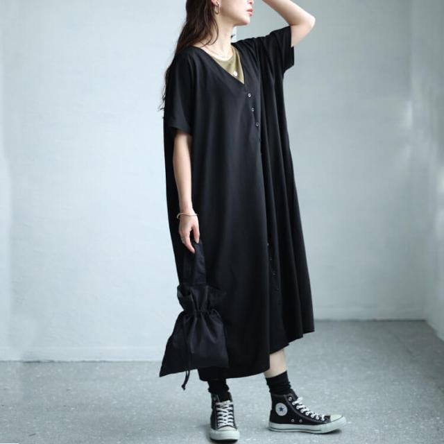 Vネックワイドロングワンピース