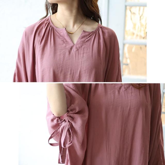 袖リボン七分袖ワイドチュニック