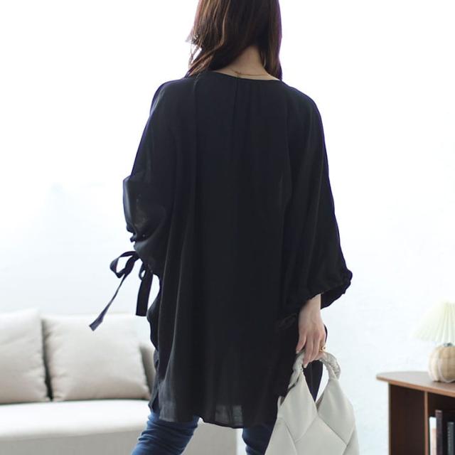 袖リボン七分袖ワイドチュニック