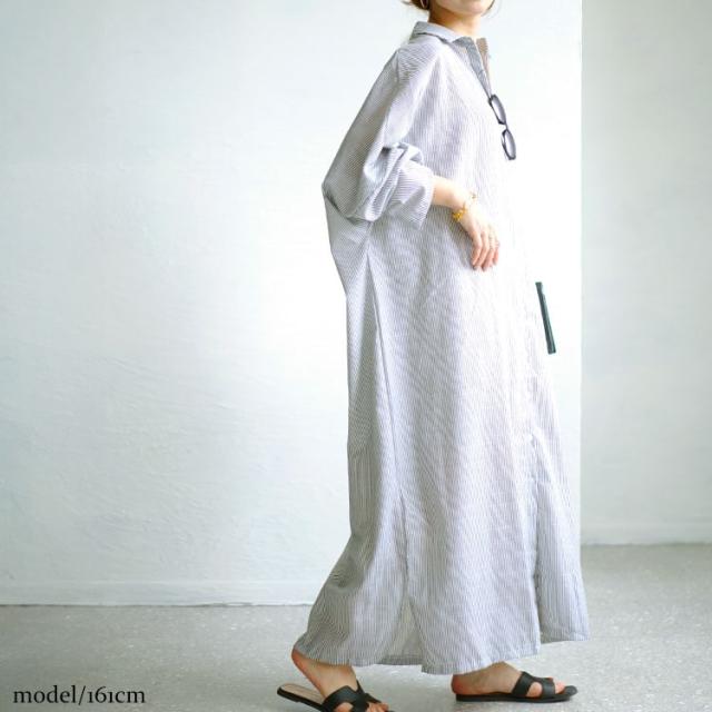 ストライプ柄ロングシャツワンピース