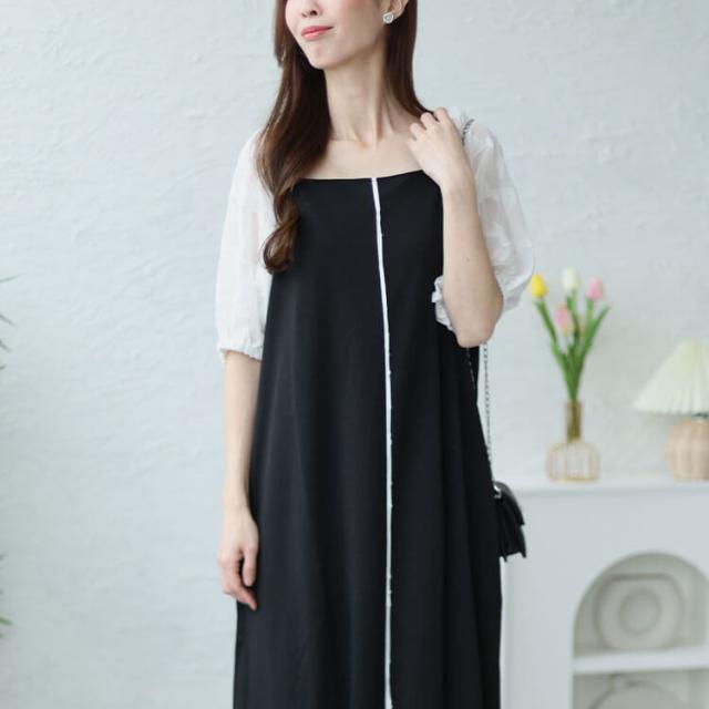 シフォンジャガード袖スクエアネックパイピングワンピース