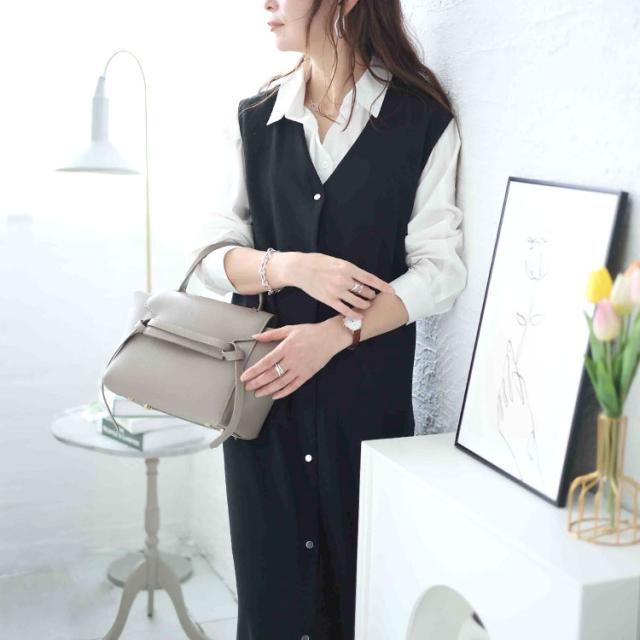 シルバーボタンVネックジャンパースカート